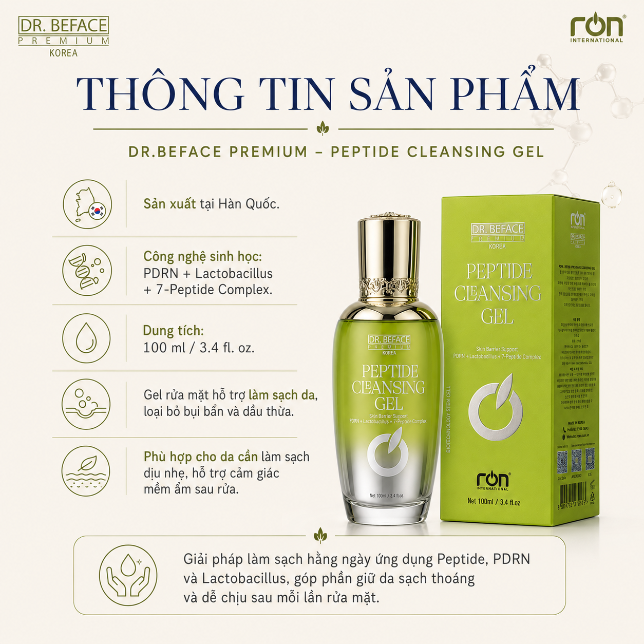 RON DR. BEFACE PREMIUM PEPTIDE CLEANSING GEL/Gel rửa mặt Peptide phục hồi da cao cấp